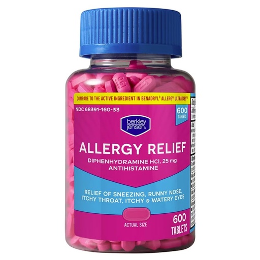 [BRSRGHT7DEMAOHL3] Berkley Jensen Allergy Relief Tablets - 25mg Diphenhydramine HCI - Allergy Medicine for Sneezing, Itchy Throat, Watery Eyes, and Runny Nose - Easy-Swallow Mini Tablets - 600 Count - Gluten Free