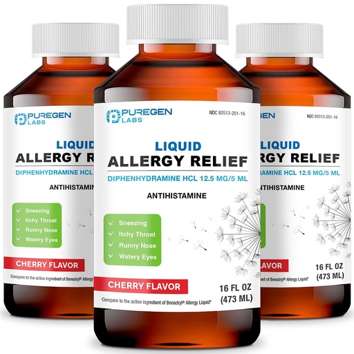 [BRSRO234OUJWM3TG] Puregen Labs Allergy Relief Oral Solution, Diphenhydramine HCl 12.5mg/5 mL, Antihistamine, Cherry Flavor, 16 Ounces 3 Pack