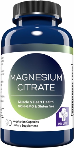 [BRSRMZANOYMAO33Z] MD. Life Magnesium Citrate 250 mg – 90 Capsules – High Absorption Magnesium Citrate Supplement – Easy-to-Swallow Capsules for Muscle, Nerve, Heart, Sleep and Bone Support