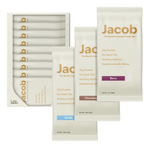 [BRSRAGQ6OR6AGHYV] Jacob Bar, Protein Bars, Variety Pack (9 Bars Total) Contains 3 of Each; Chocolate, Vanilla, Berry - 20g Grass-Fed Protein, No Seed Oils, Nothing Artificial