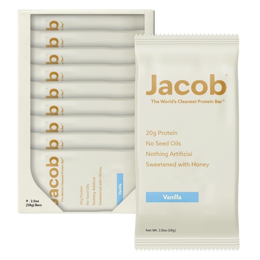 [BRSRAGQ5PINBEAA2] Jacob Bar, Protein Bars, Vanilla (9 Bars Total) - 20g Grass-Fed Protein, No Seed Oils, Nothing Artificial