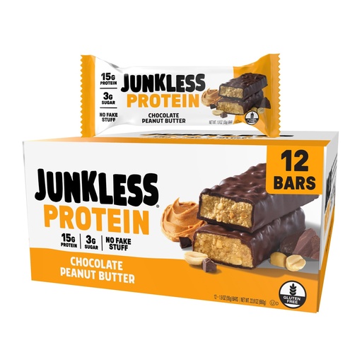 [BRSREHAQCMFRSELK] JUNKLESS Chocolate Peanut Butter Protein Bars | 15g Protein, No Added Sugar, High Fiber, Gluten Free | Healthy Snack for Kids & Adults | 12 Bars