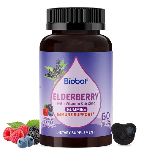 [BRSRAFLRCN4A2ADD] Biobor Natural Black Elderberry Gummies 150mg, Elderberry Fruit Extract with Vitamin C and Zinc, Herbal ElderCraft® Gummies Daily Immune Support for Kids and Adults, 60 Count