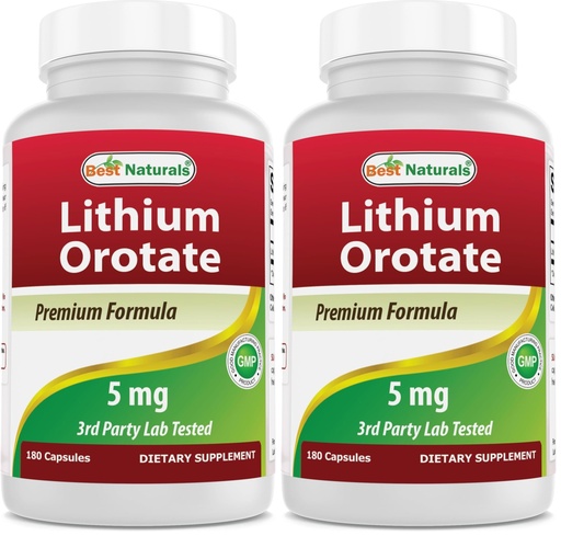 [BRSRGFI7AQFWME3Z] Best Naturals Lithium Orotate 5 mg 180 Capsules - Non GMO - Gluten Free (Pack of 2)