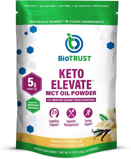 [BRSRMAD7OYIQMAIY] BioTrust Keto Elevate - C8 MCT Oil Powder - Ketogenic MCT Coffee Creamer, Keto Coffee Creamer - Clean Energy, Mental Focus, Clarity -100% Capiline Acid MCT Powder, Non-GMO (French Vanilla, 20 Servings)