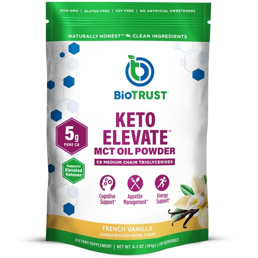 [BRSRMAD7OYIQMAIY] BioTrust Keto Elevate - C8 MCT Oil Powder - Ketogenic MCT Coffee Creamer, Keto Coffee Creamer - Clean Energy, Mental Focus, Clarity -100% Caprylic Acid MCT Powder, Non-GMO(French Vanilla, 20 Servings)
