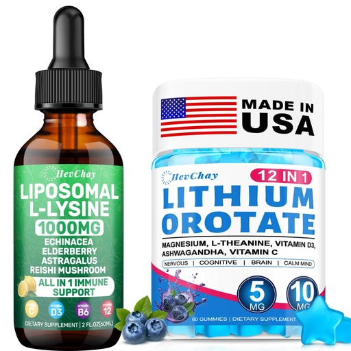 [BRSRGZIOC56B4CIU] Liposomal L-Lysine Liquid + Lithium Orotate Gummies Bundle | Immune Support & Cognitive Health Supplement Combo for Adults & Kids