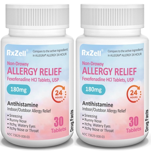 [BRSRAFAEBYIRSYL7] RXZELL Allergy Relief | Fexofenadine HCl 180mg, 24-Hour Antihistamine, Non-Drowsy (30 Count (Pack of 2))