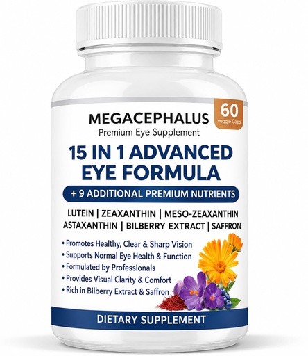 [BRSRGGA3BZ6R6ALA] 15-in-1 Advanced Eye Formula, Eye Formula with All 3 Carotenoids, Lutein & Zeaxanthin, Bilberry Extract and Saffron, 60 Capsules