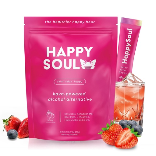 [BRSRECD6DINBQ3IY] HappySoul Kava Drink Mix Powder-Alcohol Alternative for Evenings & Social Drinking - Kava Kava Mocktail for Relaxation - Adaptogen Drink with Magnesium, Ashwagandha, L-Theanine | Berry, 15 Stick Packs
