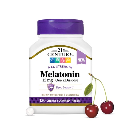 [BRSRE237A4FWCETX] 21st Century Melatonin 12 mg Quick Dissolve Max Strength Tablets, (120 Count) Sleep Aid for Adults, Cherry Flavored Sleep Supplement, Gluten-Free, No Artificial Colors or Preservatives