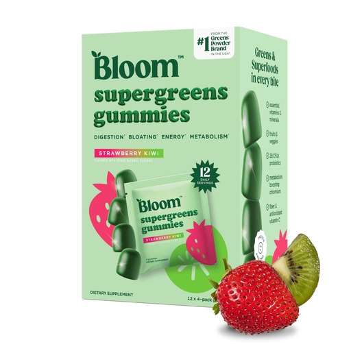 [BRSREH37BB6A4ELB] Bloom Super Greens Gummies, Daily Greens Superfood Fiber Gummies with Fruits, Vegetables, Vitamins & Minerals for Digestive & Gut Health, Bloating Support, Strawberry Kiwi, 12 Servings (48 Total)