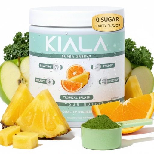 [BRSROZQLAV6RA33Z] Kiala Nutrition Super Greens, Organic Greens Powder with Spirulina & Chlorella for Digestion, Gut Health, Immunity, Adaptogens, Energy, Gluten Free, Vegan, Sugar Free, Tropical Splash, 30 Servings