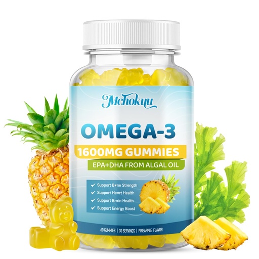 [BRSREBTYDEDRYAYZ] Vegan Omega-3 Gummies 1600mg EPA & DHA from Algal Oil, Fish Oil Alternative for Adults & Kids, Omega 3 Supplement with Vitamin D3 K2 for Brain, Eye & Immune Health Sugar Free Pineapple, 60 Count
