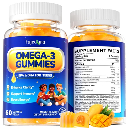 [BRSREGL5DEPW2ET3] Omega-3 1000MG Gummies for Teen: Vegan Alternative to Fish Oil Omega 3 Supplements with Algae Omega 3 EPA DHA Vitamin D3 C Magnesium Elderberry - Teen Vitamins Omega3 Supplement(120Count)