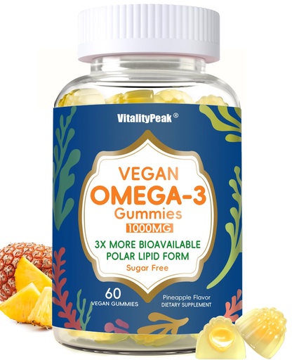 [BRSREFIBAUBWYFD5] Vegan Omega 3 Gummies 1000mg - Algae Omega 3 Supplement for Women & Men with CoQ10, Vitamin D3, K2 & Turmeric - Fish Oil Alternative for Adults with DHA EPA for Brain, Eye- Sugar Free, 60 Count