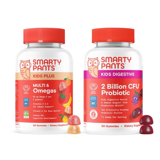 [BRSRECQQCV5R6F3O] SmartyPants Kids Daily Nutrition & Probiotic Bundle: Multivitamin + Probiotic Gummies with 2 Billion CFU, Omega-3, Vitamins D3 & B12,Digestive & Immune Support, Gluten Free, 60 & 30 Count (Pack of 2)