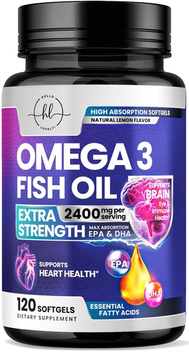 [BRSRAELRCIBQA2TV] Omega 3 Fish Oil Supplements - 2400mg Fish Oil Per Serving - Triple Strength Omega-3 with EPA & DHA Fatty Acids - Natural Heart, Brain & Immune Support - Wild Caught, Bottled in USA - 120 Softgels