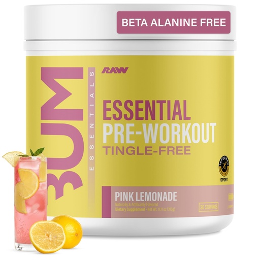[BRSRGEL3BZ4BMDTL] RAW Essential Tingle-Free Pre Workout Powder - Preworkout Without Beta-Alanine for Clean Energy & Focus - Workout Supplement with 200mg of Natural Caffeine - Pink Lemonade - 30 Servings
