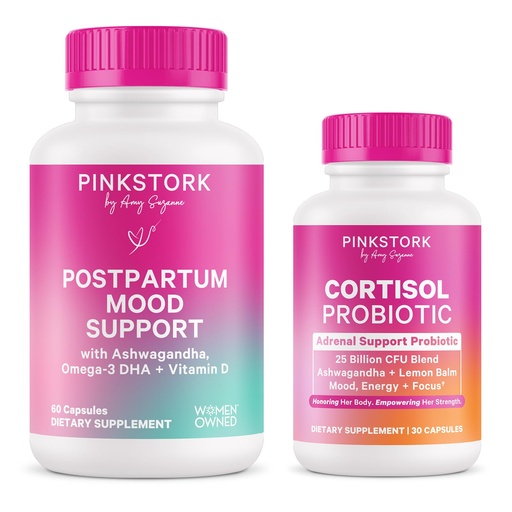 [BRSRECQBOV7Q4AL2] Pink Stork Postpartum Mood & Stress Support for New Moms | Mood Support Capsules with Adaptogens & Cortisol Probiotic | Hormone, Energy, & Stress Balance | Breastfeeding Friendly