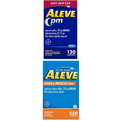 [BRSRMEATBYJR63D3] Aleve PM Naproxen Sodium Caplets, 120 Count Back & Muscle with Naproxen, 250 Count, Sleep Aid and Pain Relief