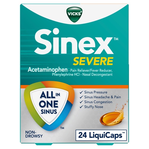 [BRSWKGQMCZ4RK3Q3] Vicks Sinex SEVERE LiquiCaps, All-In-One Sinus Relief, Non-Drowsy, Nasal Decongestant, Maximum Strength Relief of Sinus Headache, Pain, Pressure, & Congestion, 24 LiquiCaps