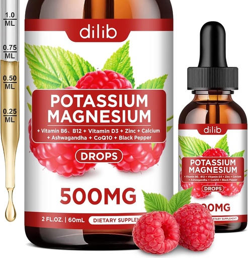[BRSRAZTQAAMQ2HTF] Potassium Magnesium Citrate Supplement, Liquid Magnesium Citrate Drops 500mg with Ashwagandha, Calcium, Zinc, Vitamin D3, B6, B12, CoQ10 - Vegan 2 fl oz Raspberry Flavor