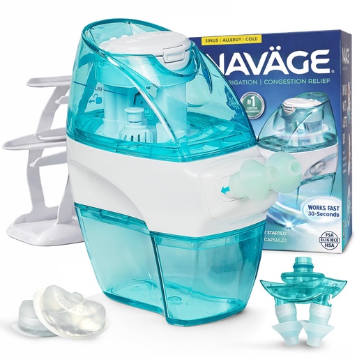 [BRSRGGAPBN6R6HTP] Navage® Nasal Irrigation System Premium Bundle, Nasal Rinse, Congestion Relief, 30 Seconds Sinus Cleaner w/ 90 SaltPods. 2 Nose Docks, 4 Pillows & Batteries, Powered Sinus Rinse System ($155+ Value)