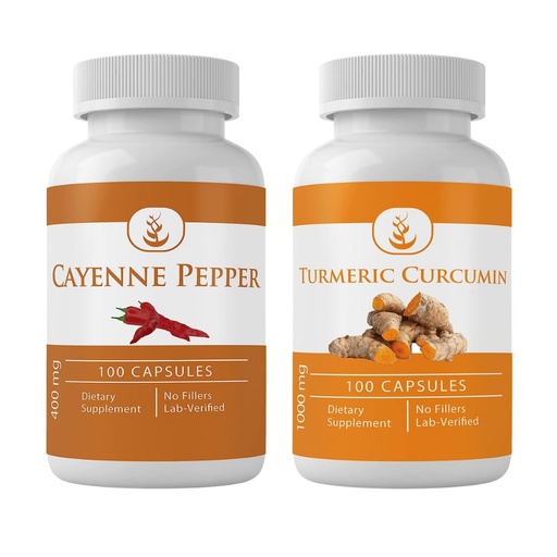 [BRSROZIBCJ5WG3TK] PURE ORIGINAL INGREDIENTS Cayenne Pepper & Turmeric Curcumin Capsules Bundle (100 Capsules Each) No Additives or Fillers, Lab Verified