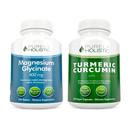 [BRSRMFQFDIMA2FIV] Magnesium Glycinate 400mg + Organic Turmeric Curcumin 700mg with Bioperine Providing 95% Curcuminoids - 270 Tablets & 120 Capsules - Vegan Bundle