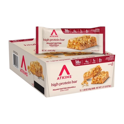 [BRSRMCANC4MBYALK] Atkins Peanut Butter Granola High Protein Bar, High Fiber Snack , 16g Protein, 1g Sugar, 4g Net Carb, Protein Snack, 12 Count