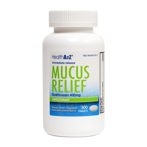 [BRSWGZQ3OQMB4YLG] HealthA2Z® Mucus Relief, Guaifenesin 400mg, 300 Counts, Dye Free, No Benzene, Immediate Release Expectorant