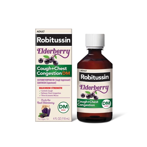 [BRSW2FICCIHAGDIU] Robitussin Maximum Strength Elderberry Cough + Chest Congestion DM Cough Medicine for Adults, Cough and Chest Congestion Relief Liquid - 4 Fl Oz