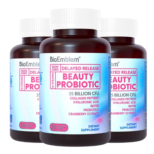 [BRSRM2QKOYFB4235] BioEmblem Beauty Probiotics for Women, 35 Billion CFU 14 Strains with Biotin, Collagen, Prebiotics for Digestive Health, Hair Skin and Nails, Vaginal Probiotics Supplement, Shelf Stable, 90 Caps