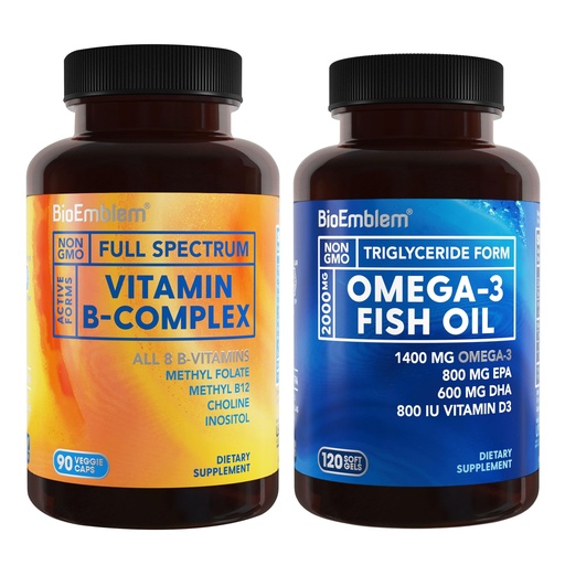 [BRSREZYBPIMWGAYU] BioEmblem Vitamin B-Complex- All 8 Active Forms with Methyl Folate and Omega-3 Fish Oil 2000mg - Small Size Softgels