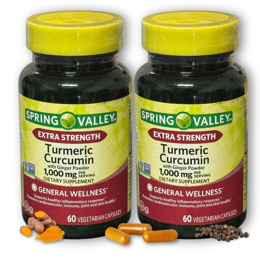 [BRSROGI2OJ6AE2TJ] Turmeric and Ginger Supplement, Spring Valley 1,000mg 60ct. (2) Set with Fusion Shop Store Week Case (1)