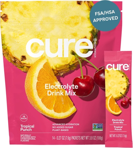 [BRSROCD5B4OR4DT7] Cure Hydration | Plant-Based Electrolyte Drink Mix | No Added Sugar | FSA-HSA | Dehydration Relief Powder Made with Coconut Water | Non-GMO | Vegan | Pouch of 14 Packets - Tropical Punch
