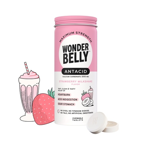[BRSREHD5CUFQMFI7] Wonderbelly Antacid Effective Heartburn and Instant Acid Indigestion Relief Extra Strength Chewable Tablets 1000 mg Calcium Carbonate No Talc or Dye Strawberry Milkshake 50 count