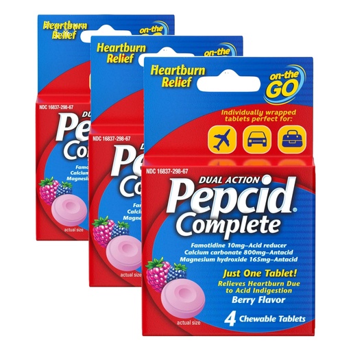 [BRSRAY3ROZ4GAALL] Pepcid Complete Acid Reducer + Antacid for Acid Reflux, 10mg Famotidine, 800mg Calcium Carbonate & 165mg Magnesium Hydroxide per Antacid Chew, Individual Packets, Berry Flavored, 4 ct (Pack of 3)