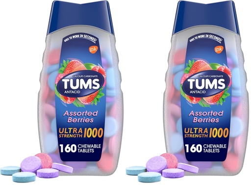 [BRSRAY35DMNGYD3X] TUMS Ultra Strength Chewable Antacid Tablets for Heartburn Relief and Acid Indigestion Relief, Assorted Berries - 160 Count (Pack of 2)