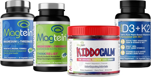 [BRSROHDQC56BAGQZ] Magtein Magnesium L-Threonate 60 Capsules, Magceutics MagteinPRO 90 Capsules, KIDDOCALM Gummies 90 Capsules, Vitamin D3 K2 30 Capsules - Bundle