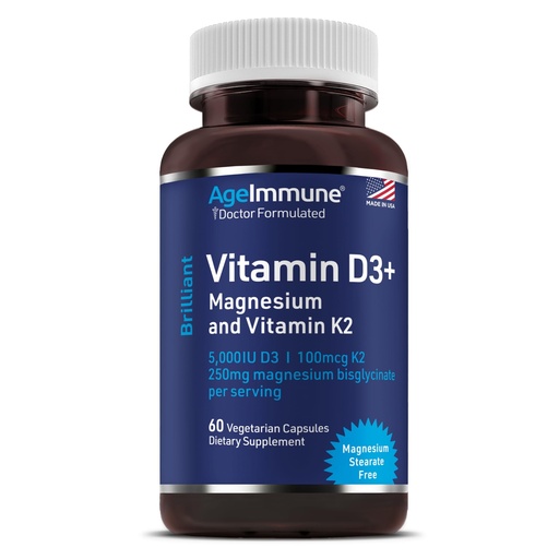 [BRSREZD2BEIA4ADH] AgeImmune Brilliant D3+ Complex - 60 Capsules - 5000 IU Vitamin D3 + K2 + Magnesium Glycinate Supplement - Doctor Formulated for Immune & Bone Support - No Stearates, No Dioxides