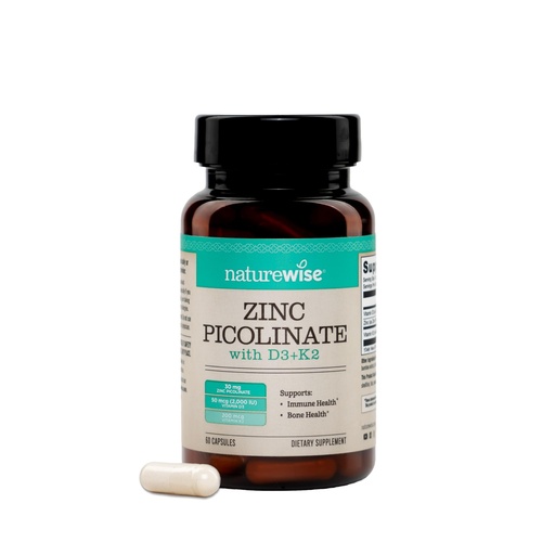 [BRSRGZAOARYBSYI4] NatureWise Zinc Picolinate with D3 + K2 - Zinc Supplements for Men & Women + Vitamin D3 K2 - Supports Immune & Bone Health* - Non-GMO, Gluten Free, USA Manufactured - 60 Capsules[60 Day Supply]