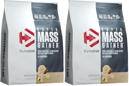 [BRSRGCD4CR4A4YD4] Dymatize Super Mass Gainer Protein Powder, Gourmet Vanilla, 52g Protein, 1g Creatine, 1280 Calories, 10.7g BCAAs, 245g Carbs, Contains Whey Protein, Isolate, and Casein (16 Servings) (Pack of 2)