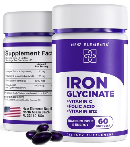 [BRSRAH33AQCR4E32] Iron Supplement for Women & Men | Iron Glycinate 50mg + Vitamin C, Folic Acid 1000mcg, Vitamin B12 | Anemia Relief, Energy Boost & Immune Support | Gentle on Stomach, Fast Absorption | 60 Softgels