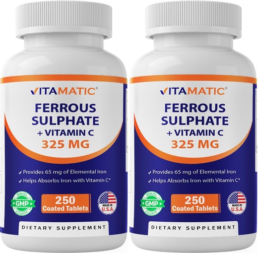 [BRSREFA7BYHQAHLO] Vitamatic Ferrous Sulfate 325 mg with Vitamin C 100 mg (65 mg Elemental Iron) – High Potency Iron Supplement – No Artificial Colors – 250 Coated Tablets, Made in USA - 2 Pack