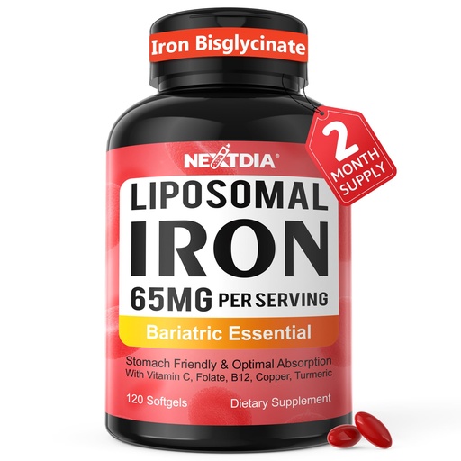 [BRSREHYCOANBOHL2] Liposomal Iron Supplement for Women, Iron Bisglycinate 65mg - High Absorption, Gentle on Stomach, No Constipation - with Vitamin C, Methylfolate, B12 - Iron Level & Energy Support - 120 Softgels