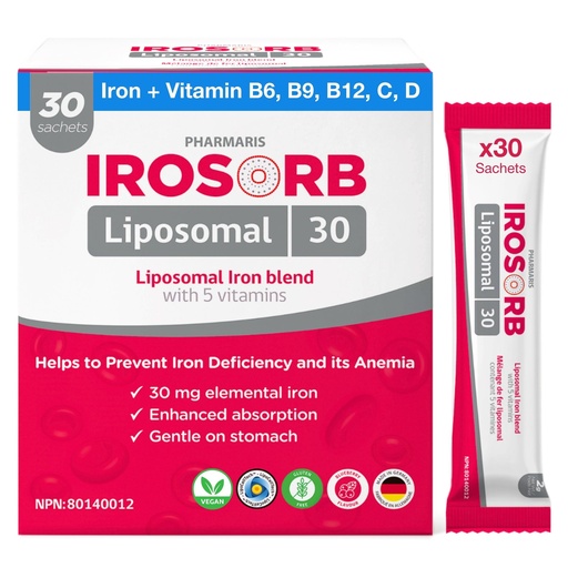 [BRSRGAARBB6AAFYZ] Pharmaris IROSORB Liposomal Iron Supplement, 30mg Elemental Iron with 5 Vitamins (Vitamin C, B12, B6, D, B9), High Absorption & Gentle on Stomach for Women & Men, Blueberry Flavor Powder, 30 Sachets