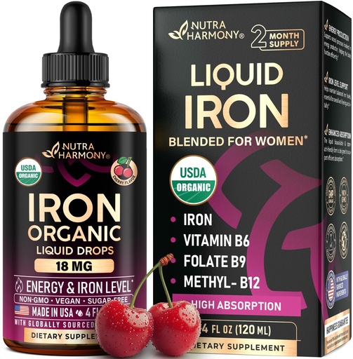 [BRSRAHACBAFAGHQ2] Liquid Iron Supplement for Women 18 mg - USDA Organic Drops, USA-Made - with Folate, Vitamin B12 & B6 - Iron Level & Energy - Gentle & High Absorption Glycinate Form - Cherry Flavor, Sugar-Free, 4 oz