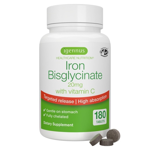 [BRSW2GIQO4JWC3QZ] Igennus Clean Iron Bisglycinate 20mg, Vitamin C, 6 Month Supply, Gentle Chelated High Absorption Formula & Targeted Release Ferrous Bisglycinate for Women and Men, One Daily, Vegan, 180 Tablets